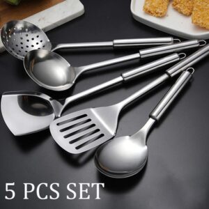 5 Pcs Stainless Steel Cooking Utensils Set Heat Resistant Kitchen Gadgets Utensil Set Includes Slotted Spoon, Slotted Spatula, Large Spoon, Soup, Spatula