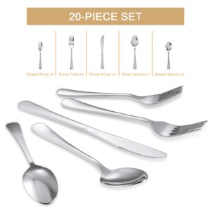 Silverware Set, 20 Piece Flatware Cutlery Set Stainless Steel Kitchen Utensils Service for 4, Dishwasher Safe, Mirror Polished Dinner Knife, Fork, Spoon for Home and Restaurant Christmas Gift (Silver)