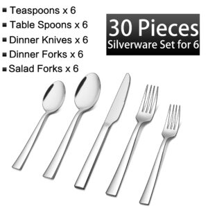 Homikit 35-Piece Silverware Flatware Set with Serving Utensils, Stainless Steel Square Cutlery Set for 6, Eating Utensils Tableware Include Knife Spoon Fork, Dishwasher Safe, Shiny Mirror Polished