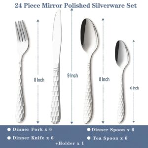 24 Pieces Silverware Set, Stainless Steel Flatware Set with Holder,Mirror Polished Utensils Set Service for 6,Durable Kitchen Eating Tableware Set,Include Fork Knife Spoon Set,Dishwasher Safe (Silver)