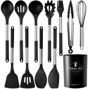 keidason silicone cooking utensils set, 12-piece kitchen utensils set non-stick cooking set heat-resistant, bpa-free, spatula turner spoon tongs whisk -black