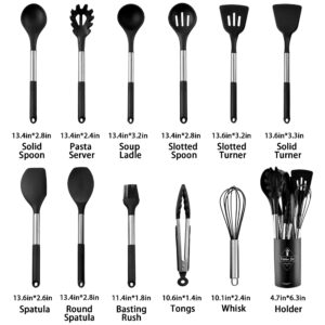 Keidason Silicone Cooking Utensils Set, 12-piece Kitchen Utensils Set Non-stick Cooking Set Heat-resistant, BPA-Free, Spatula Turner Spoon Tongs Whisk -Black