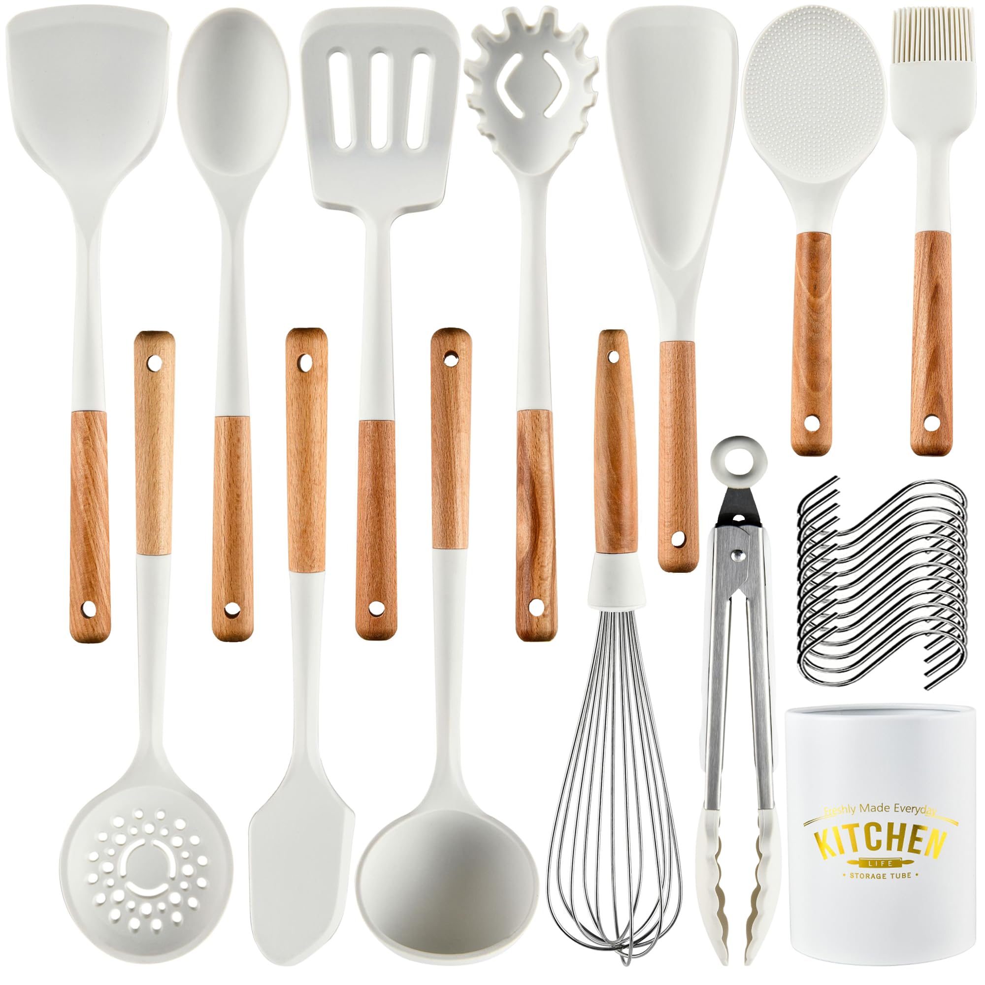 Keidason Silicone Cooking Utensil Set,446°F Heat Resistant 13 Piece Wood Handle For Non-stick Cooking Set (BPA Free) Turner,Tongs,Spatula,Spoon,Brush,Whisk -White