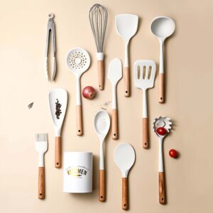 Keidason Silicone Cooking Utensil Set,446°F Heat Resistant 13 Piece Wood Handle For Non-stick Cooking Set (BPA Free) Turner,Tongs,Spatula,Spoon,Brush,Whisk -White