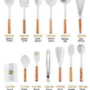 Keidason Silicone Cooking Utensil Set,446°F Heat Resistant 13 Piece Wood Handle For Non-stick Cooking Set (BPA Free) Turner,Tongs,Spatula,Spoon,Brush,Whisk -White