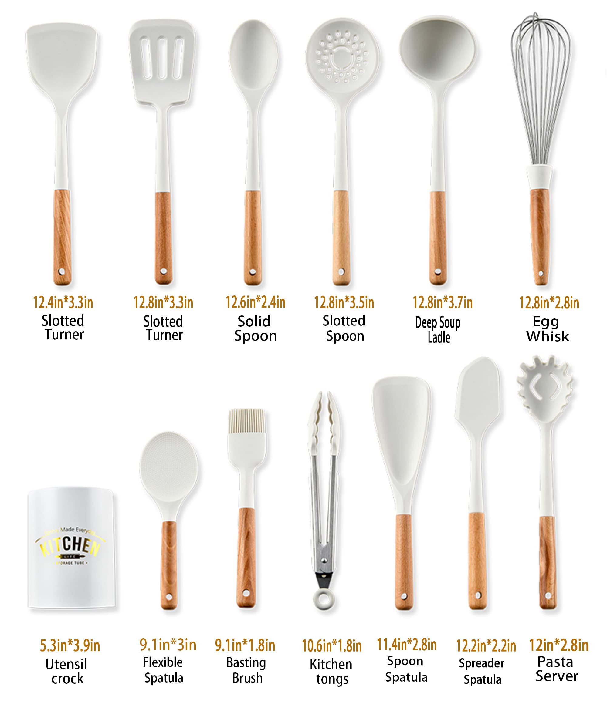 Keidason Silicone Cooking Utensil Set,446°F Heat Resistant 13 Piece Wood Handle For Non-stick Cooking Set (BPA Free) Turner,Tongs,Spatula,Spoon,Brush,Whisk -White