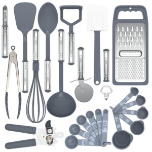 lux décor 23 pcs kitchen utensils set - non-stick and heat resistant nylon cooking spatula set with stainless steel handles - kitchen essentials tools and gadgets - grey