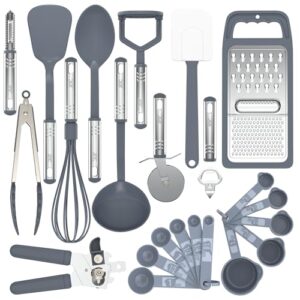 LUX Décor 23 PCS Kitchen Utensils Set - Non-Stick and Heat Resistant Nylon Cooking Spatula Set with Stainless Steel Handles - Kitchen Essentials Tools and Gadgets - Grey