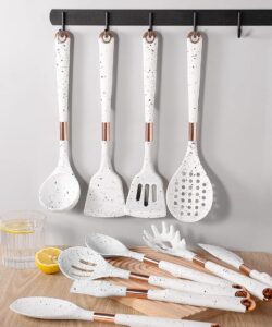 chef kitchen cooking utensils set, non-stick silicone cooking kitchen utensil set with holder, wooden handle silicone kitchen gadgets utensil set (white)