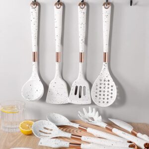 Chef Kitchen Cooking Utensils Set, Non-Stick Silicone Cooking Kitchen Utensil Set with Holder, Wooden Handle Silicone Kitchen Gadgets Utensil Set (White)