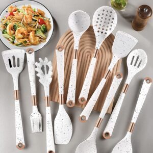 Chef Kitchen Cooking Utensils Set, Non-Stick Silicone Cooking Kitchen Utensil Set with Holder, Wooden Handle Silicone Kitchen Gadgets Utensil Set (White)