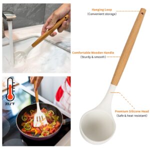 White Kitchen Utensils Set-12 Pieces Silicone Cooking Utensils Set with Wooden Handle (Dishwasher Safe) 392°F Heat Resistant Spatula Set, Nonstick Cookware,Best Kitchen