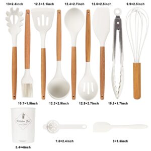 White Kitchen Utensils Set-12 Pieces Silicone Cooking Utensils Set with Wooden Handle (Dishwasher Safe) 392°F Heat Resistant Spatula Set, Nonstick Cookware,Best Kitchen