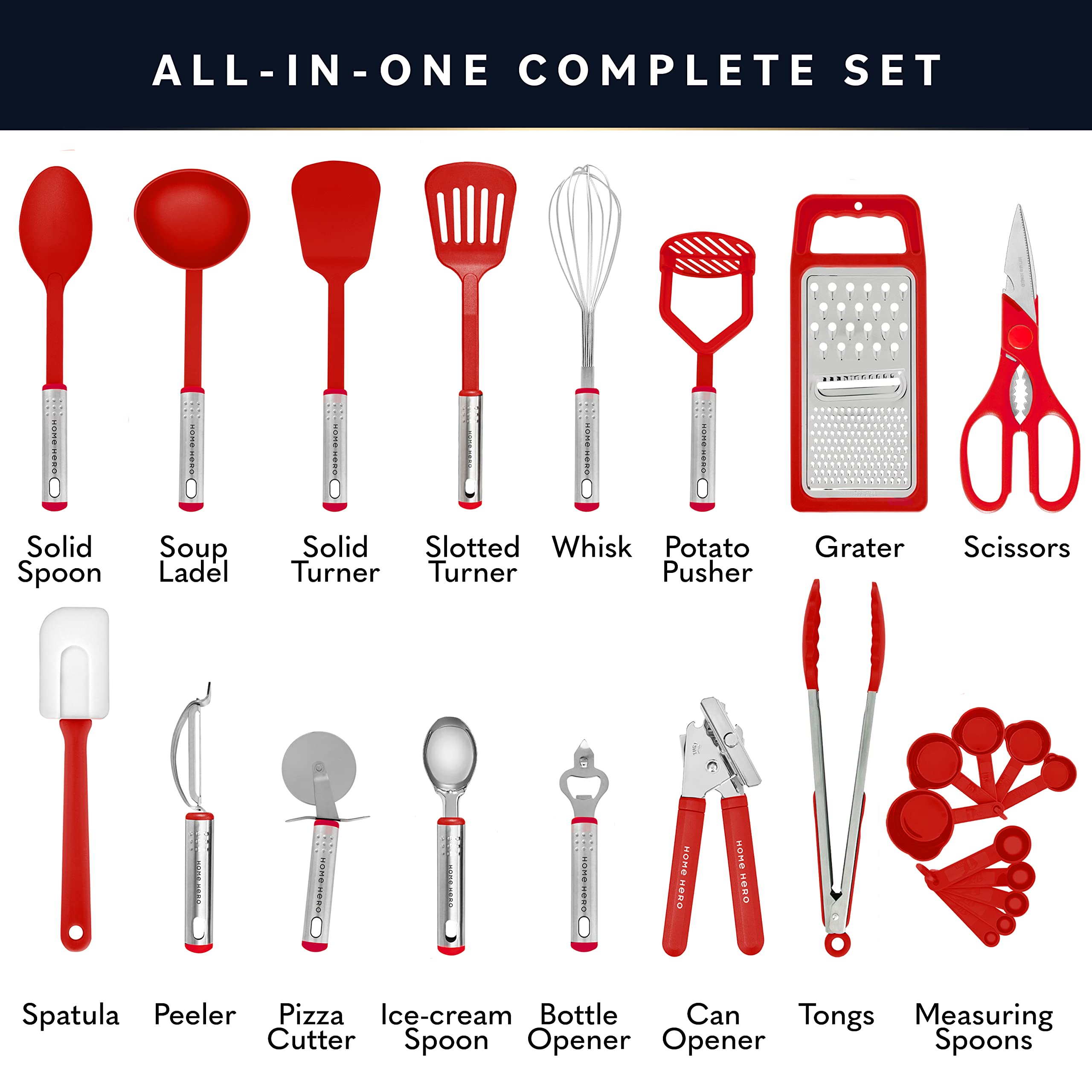 Home Hero Silicone Spatula Kitchen Utensils Set - Stainless Steel & Nylon Cooking Utensils Set - BPA Free Spatulas Silicone Heat Resistant Kitchen Gadgets Kitchen Essentials (25 Pcs - Red)