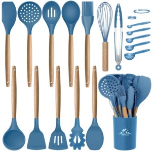 mibote 17 pcs silicone cooking kitchen utensils set with holder, wooden handles bpa free silicone turner tongs spatula spoon kitchen gadgets utensil set for nonstick cookware (blue)