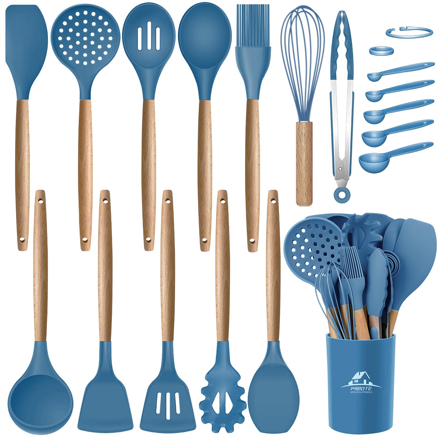 MIBOTE 17 Pcs Silicone Cooking Kitchen Utensils Set with Holder, Wooden Handles BPA Free Silicone Turner Tongs Spatula Spoon Kitchen Gadgets Utensil Set for Nonstick Cookware (Blue)