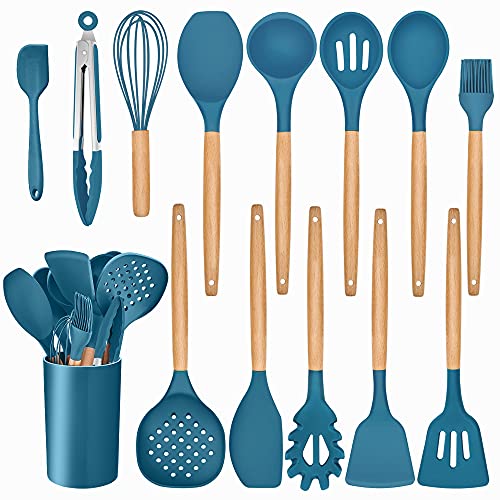 Leonyo 14 PCS Kitchen Cooking Utensils Set with Holder, Silicone Kitchen Gadgets Spatula Set for Nonstick Cookware, Cooking Tools with Tongs, Spoons, Spatulas, Turners, Ladles, Wooden Handle, Blue