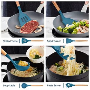 Leonyo 14 PCS Kitchen Cooking Utensils Set with Holder, Silicone Kitchen Gadgets Spatula Set for Nonstick Cookware, Cooking Tools with Tongs, Spoons, Spatulas, Turners, Ladles, Wooden Handle, Blue