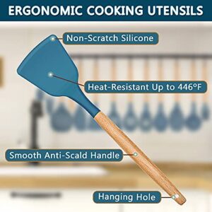 Leonyo 14 PCS Kitchen Cooking Utensils Set with Holder, Silicone Kitchen Gadgets Spatula Set for Nonstick Cookware, Cooking Tools with Tongs, Spoons, Spatulas, Turners, Ladles, Wooden Handle, Blue