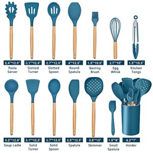 Leonyo 14 PCS Kitchen Cooking Utensils Set with Holder, Silicone Kitchen Gadgets Spatula Set for Nonstick Cookware, Cooking Tools with Tongs, Spoons, Spatulas, Turners, Ladles, Wooden Handle, Blue