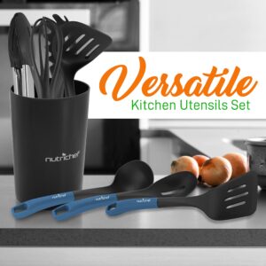 NutriChef 10-Piece Non-stick Heat Resistant Silicone Kitchen Gadgets Cookware Tools, Cooking Utensils Set with Holder, Pots & Pans Accessories NCUTL10DS (Blue/Black), 1