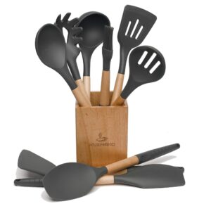 10PCS Kitchen Utensil Set for Non-stick Cookware Silicone Spatula Set with Holder Cooking Utensils for your Beautiful Kitchen (Grey)