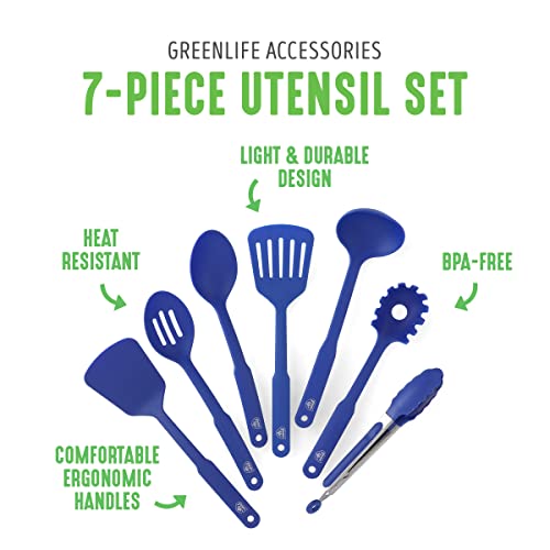 GreenLife Cooking Tools and Utensils, 7 Piece Nylon Set including Spatulas Turner Spoons and Tongs, Dishwasher Safe, Blue