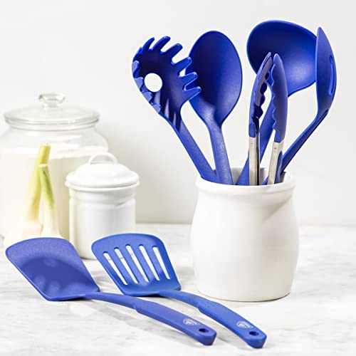 GreenLife Cooking Tools and Utensils, 7 Piece Nylon Set including Spatulas Turner Spoons and Tongs, Dishwasher Safe, Blue