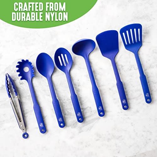 GreenLife Cooking Tools and Utensils, 7 Piece Nylon Set including Spatulas Turner Spoons and Tongs, Dishwasher Safe, Blue