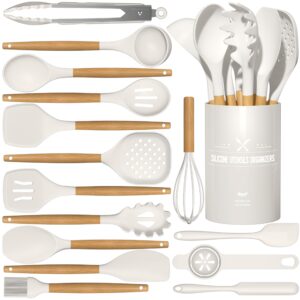 aikkil silicone cooking kitchen utensils set, 16 pcs cooking utensils set with holder, heat resistance, white wooden handle silicone kitchen gadgets utensil set for nonstick cookware