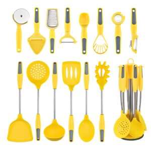cooking utensils set, 15pc silicone kitchen utensils with stand, 446℉ heat-resistant spatula set with stainless steel handles for nonstick cookware, kitchen tools set for home kitchen (yellow)