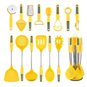 Cooking Utensils Set, 15PC Silicone Kitchen Utensils with Stand, 446℉ Heat-resistant Spatula Set with Stainless Steel Handles for Nonstick Cookware, Kitchen Tools Set for Home Kitchen (Yellow)