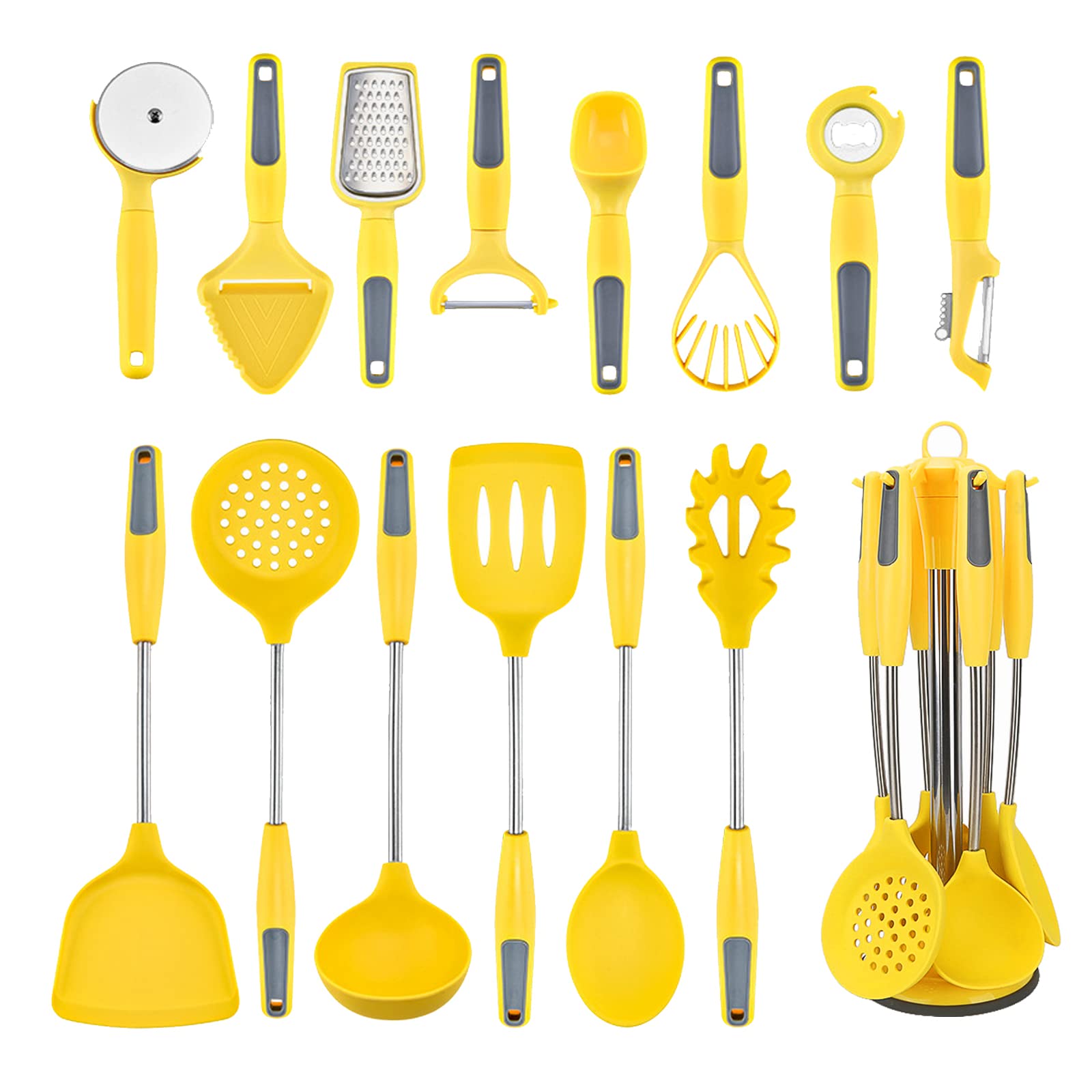 Cooking Utensils Set, 15PC Silicone Kitchen Utensils with Stand, 446℉ Heat-resistant Spatula Set with Stainless Steel Handles for Nonstick Cookware, Kitchen Tools Set for Home Kitchen (Yellow)