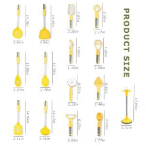 Cooking Utensils Set, 15PC Silicone Kitchen Utensils with Stand, 446℉ Heat-resistant Spatula Set with Stainless Steel Handles for Nonstick Cookware, Kitchen Tools Set for Home Kitchen (Yellow)