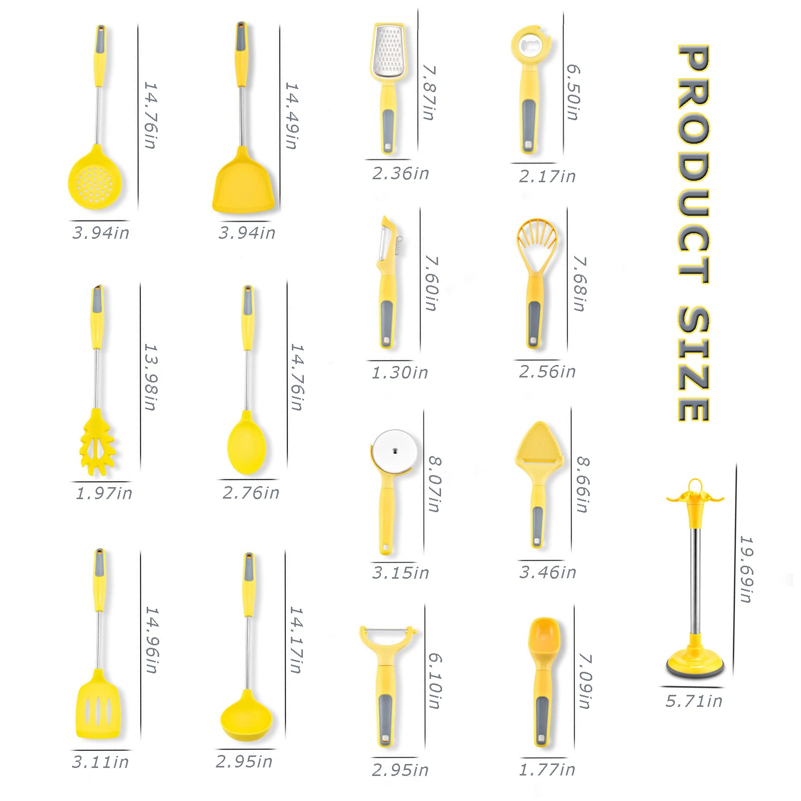 Cooking Utensils Set, 15PC Silicone Kitchen Utensils with Stand, 446℉ Heat-resistant Spatula Set with Stainless Steel Handles for Nonstick Cookware, Kitchen Tools Set for Home Kitchen (Yellow)