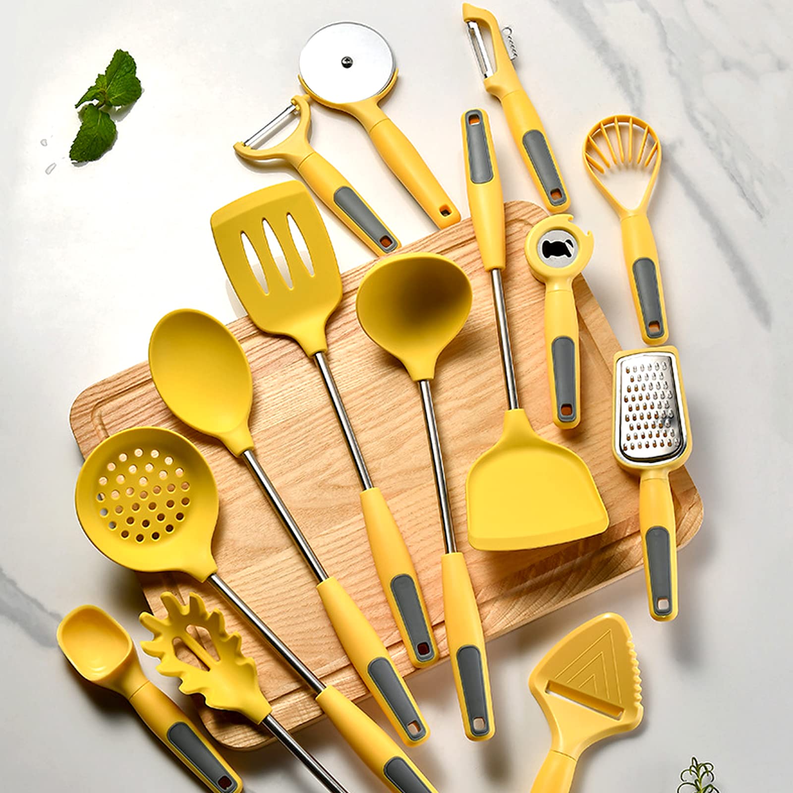 Cooking Utensils Set, 15PC Silicone Kitchen Utensils with Stand, 446℉ Heat-resistant Spatula Set with Stainless Steel Handles for Nonstick Cookware, Kitchen Tools Set for Home Kitchen (Yellow)