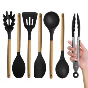 Silicone Kitchen Utensils Set, 7 Pieces Silicone Utensil Set With Acacia Wood Handles, Including Pasta Server, 9" Tong, Baking & Salad Spatula, For BBQ, Camping, Outdoor Cooking (Black)