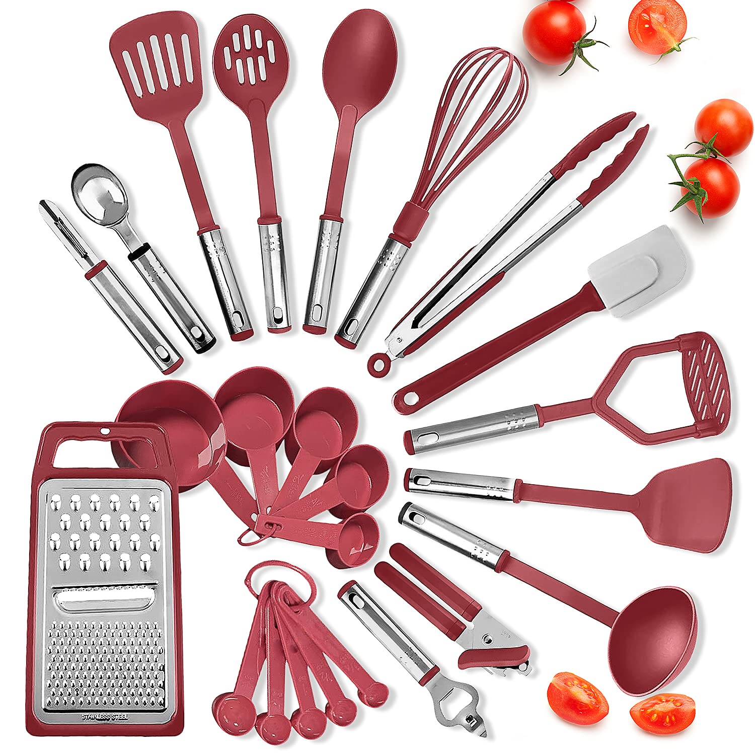 Cooking Utensils Set - 24 Pieces Nylon Kitchen Gadgets, Spatula Set with Stainless Steel Handles - Heat Resistant Kitchen Utensils Set - Red Kitchen Tools and Gadgets