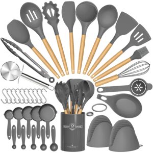 umite chef 36pcs silicone kitchen cooking utensils with holder, heat resistant cooking utensils sets wooden handle, nonstick kitchen gadgets tools include spatula spoons turner pizza cutter(grey)