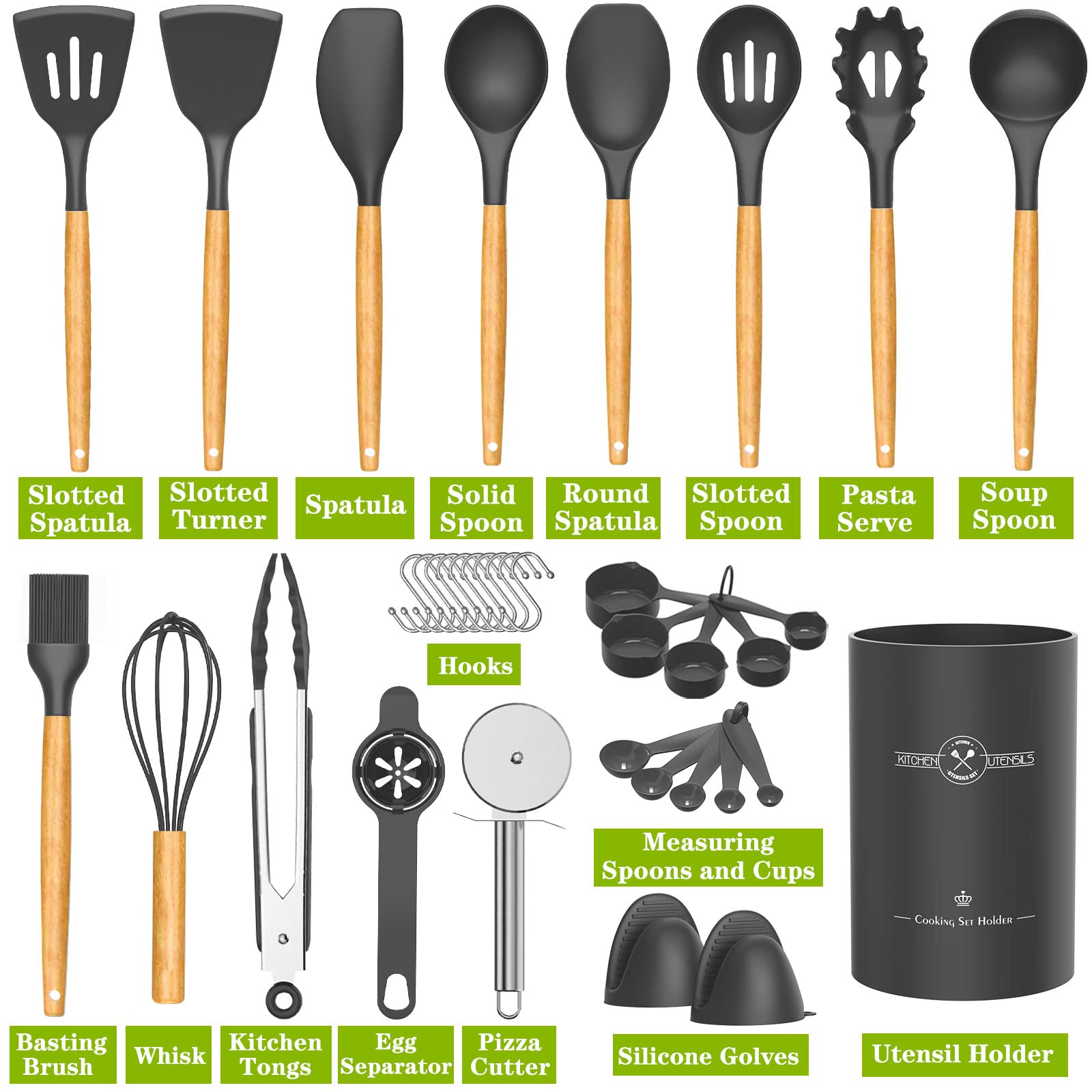 Umite Chef 36pcs Silicone Kitchen Cooking Utensils with Holder, Heat Resistant Cooking Utensils Sets Wooden Handle, Nonstick Kitchen Gadgets Tools Include Spatula Spoons Turner Pizza Cutter(Grey)