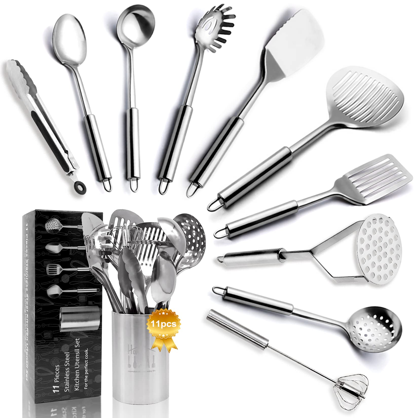 Stainless Steel Kitchen Utensils Set - 11pcs Cooking Utensils Set, Utensil Set with Holder for Cooking, Heat Resistant Kitchen Utensils Sets with Potato Masher, Skimmer, Spoons, Turners, Whisk, Tongs