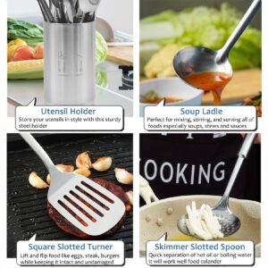 Stainless Steel Kitchen Utensils Set - 11pcs Cooking Utensils Set, Utensil Set with Holder for Cooking, Heat Resistant Kitchen Utensils Sets with Potato Masher, Skimmer, Spoons, Turners, Whisk, Tongs