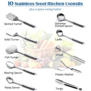 Stainless Steel Kitchen Utensils Set - 11pcs Cooking Utensils Set, Utensil Set with Holder for Cooking, Heat Resistant Kitchen Utensils Sets with Potato Masher, Skimmer, Spoons, Turners, Whisk, Tongs