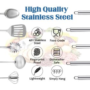 Stainless Steel Kitchen Utensils Set - 11pcs Cooking Utensils Set, Utensil Set with Holder for Cooking, Heat Resistant Kitchen Utensils Sets with Potato Masher, Skimmer, Spoons, Turners, Whisk, Tongs