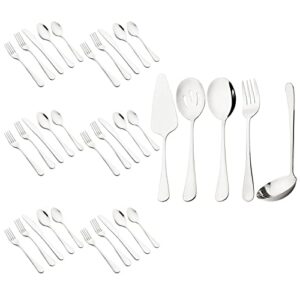 snplowum 35-piece mirror silver flatware set, 18/0 stainless steel cutlery set with seriving utensils for 6, home restaurant silverware set with cake knife, colander, soup spoon, dishwasher safe