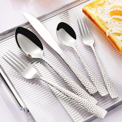 35-Piece Hammered Silverware Set, Stainless Steel Flatware Set for 7, Food-Grade Tableware Cutlery Set, Utensil Sets for Home Restaurant, Mirror Finish, Dishwasher Safe