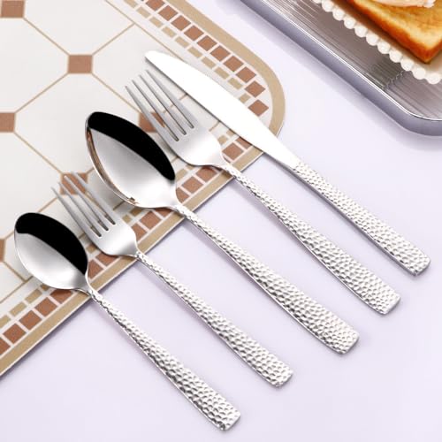 35-Piece Hammered Silverware Set, Stainless Steel Flatware Set for 7, Food-Grade Tableware Cutlery Set, Utensil Sets for Home Restaurant, Mirror Finish, Dishwasher Safe