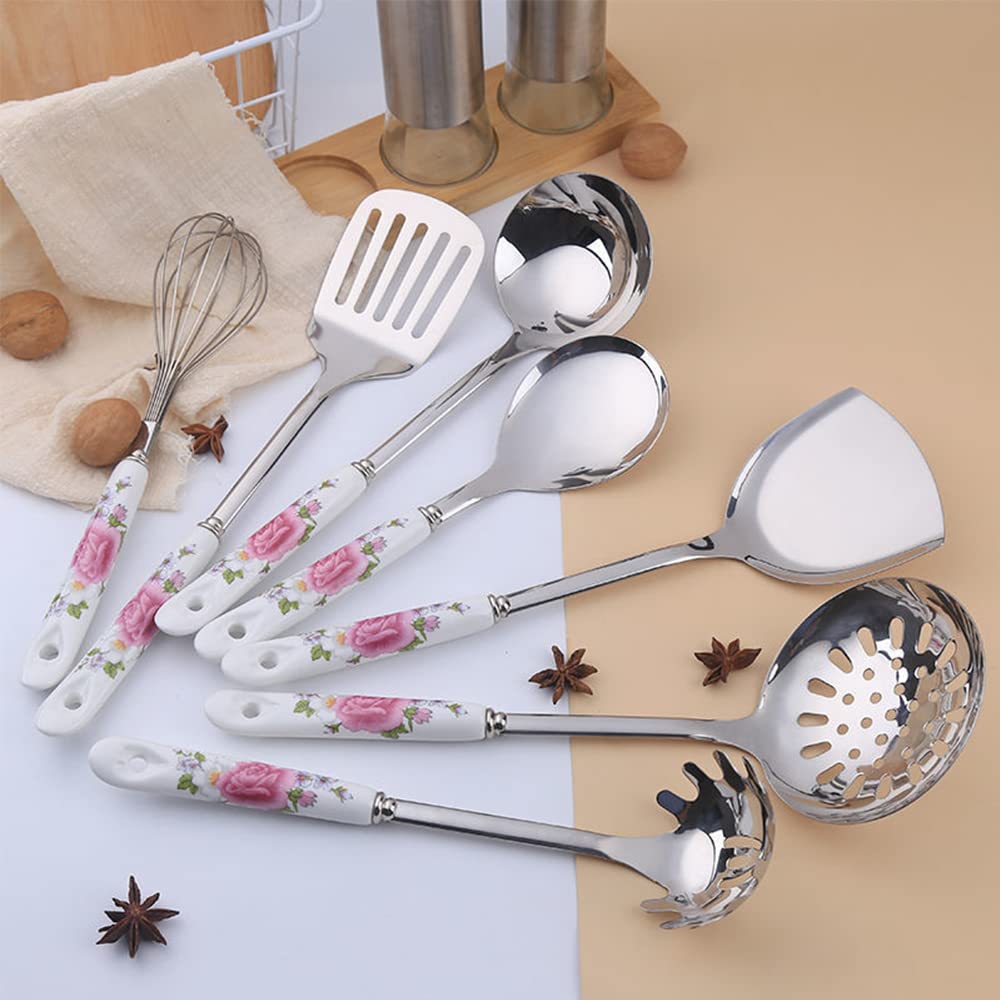 7-Piece Stainless Steel Cooking Utensils Set with ceramic Handle and Holder, Kitchen Utensil Tableware Set, Spatula, Turner Spatula, Ladle, Serving Spoon, Slotted Spoon, Pasta Server, Whisk