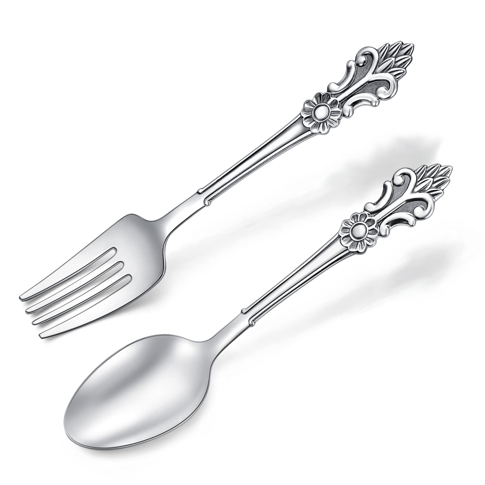 Silverware Set for 1, Sterling Silver Flatware Cutlery Set, Eating Utensils Set with Vintage Relief, Handmade, Finely Polished (Sun Flower)