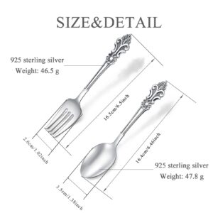 Silverware Set for 1, Sterling Silver Flatware Cutlery Set, Eating Utensils Set with Vintage Relief, Handmade, Finely Polished (Sun Flower)